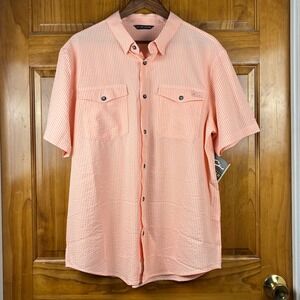 Drake Waterfowl Mens Seersucker Fishing Shirt Peach Striped Short Sleeve Lg NEW